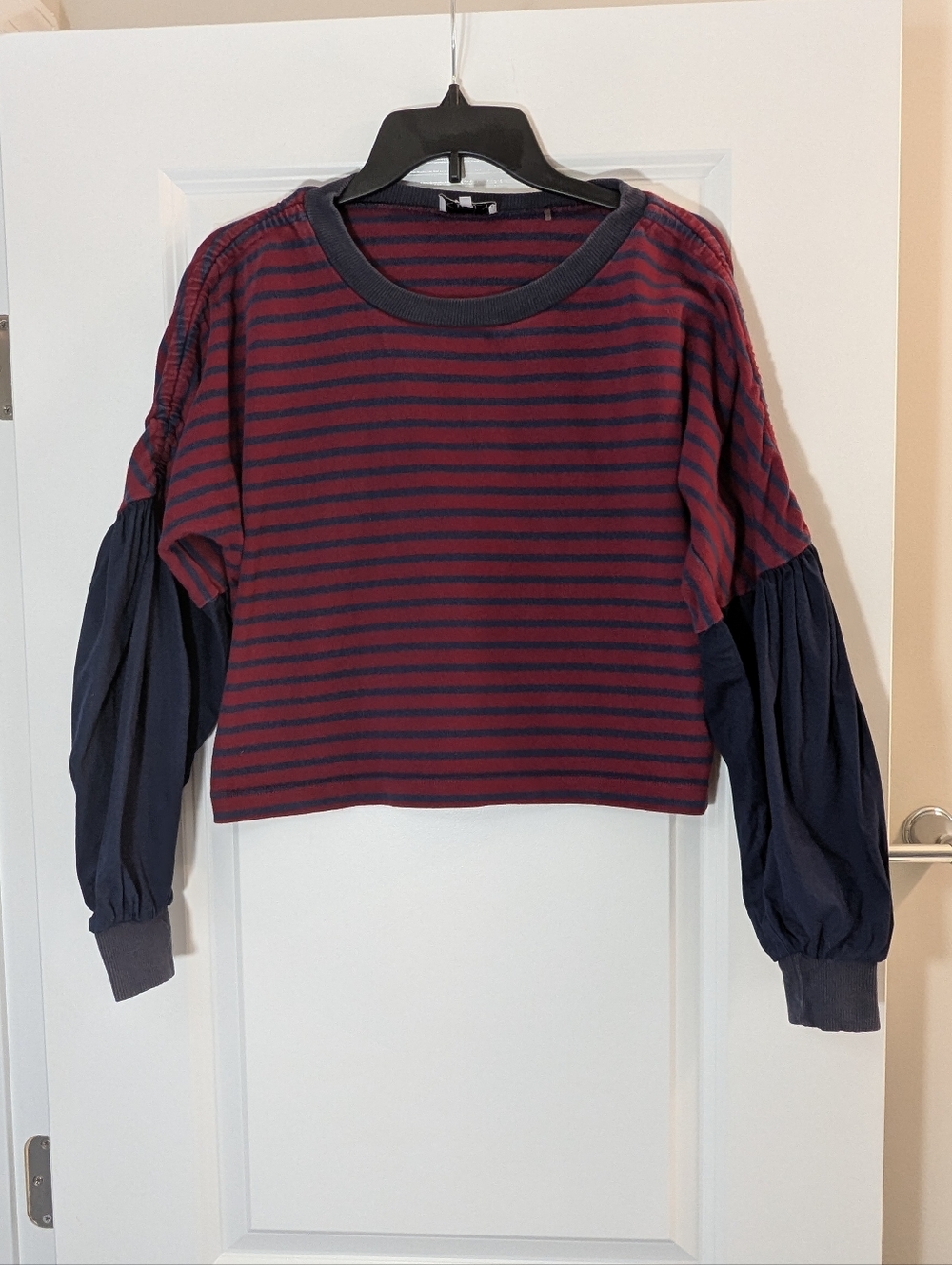 Kinly Mixed Media Red and Blue Stripped with Blue Sleeves Shirt, Size XS
